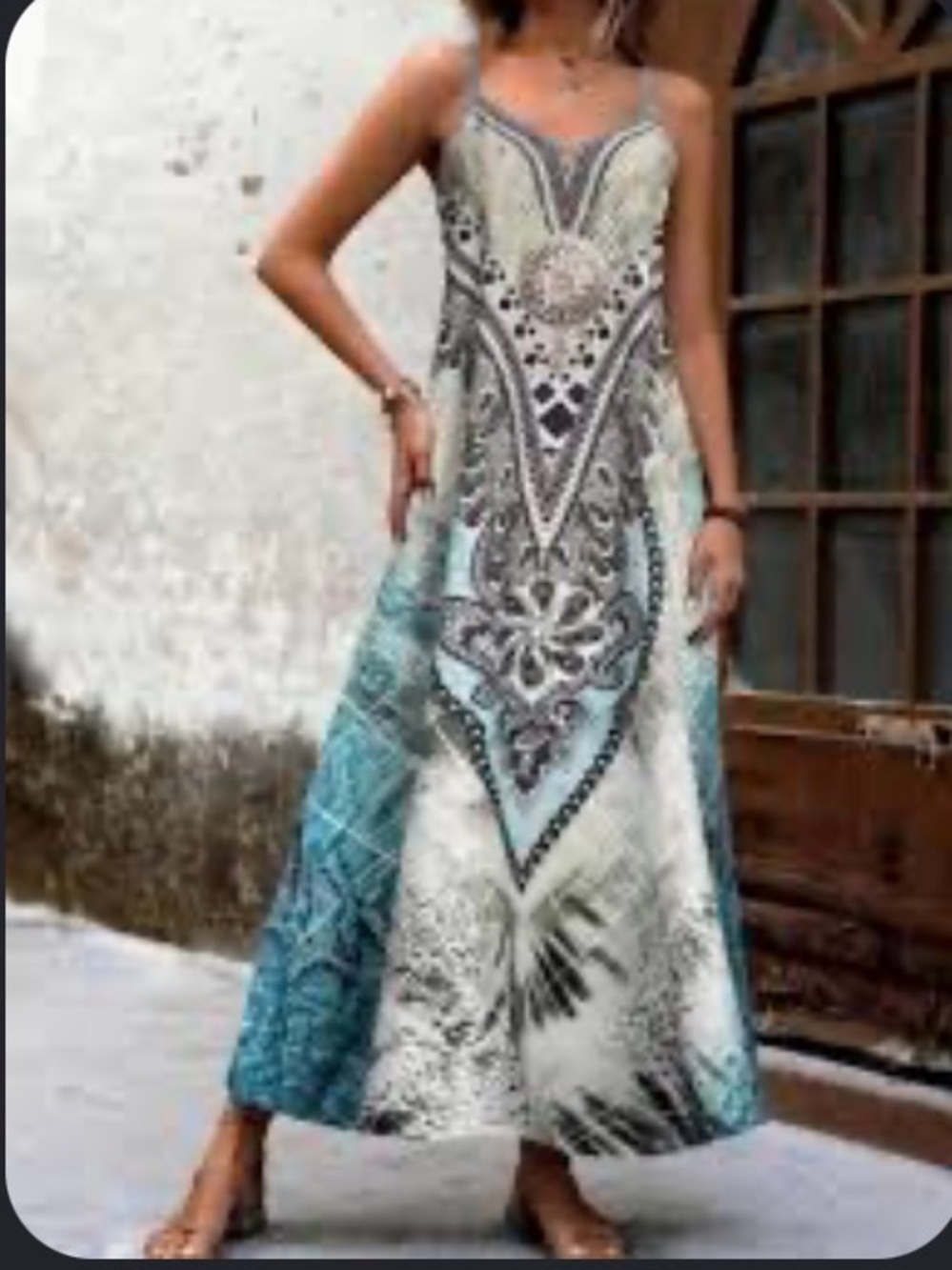 SHEIN Blue and White Printed Spaghetti-Strap Maxi Dress